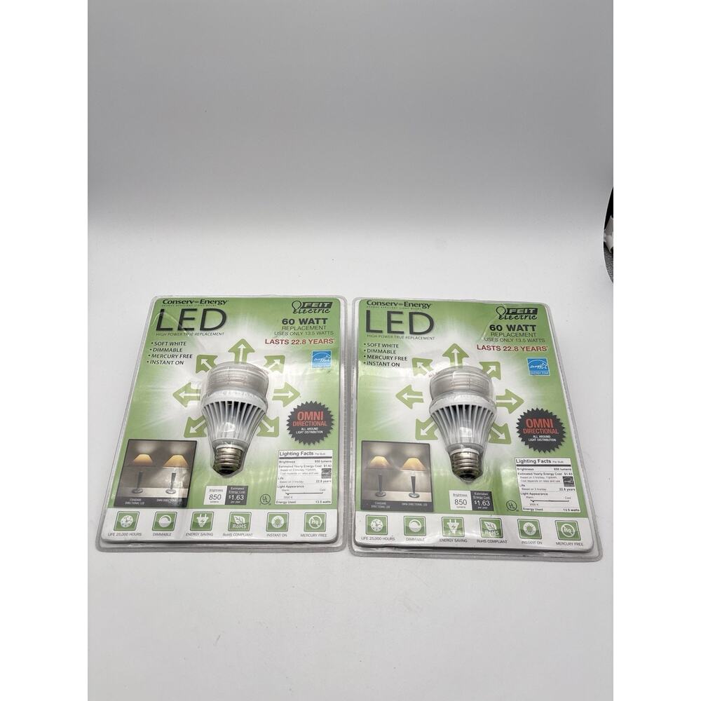 2 - Feit Electric 60W LED Light Bulb Omni Directional Dimmable New. Sealed.